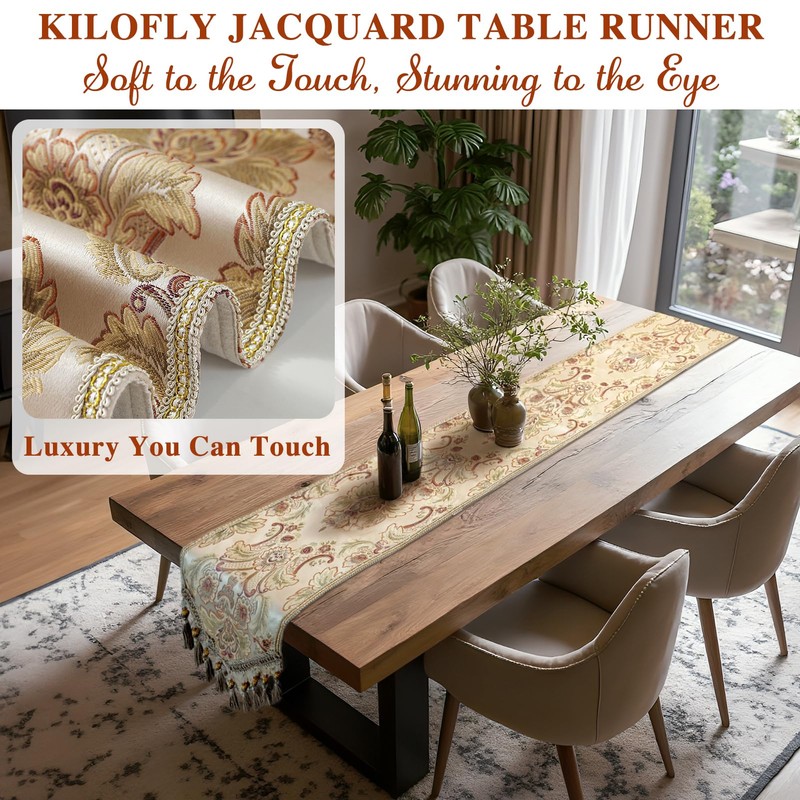 kilofly Elegant Floral Brocade Jacquard Table Runner Tassels (96 x