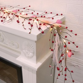 DR.DUDU Valentines Garland, 6 FT Lighted Garlands for Mantle with Heart Lights Pink Feather Red Berry, Pre-lit Valentine Decorations for Fireplace Indoor Outdoor Home Table Party Wedding