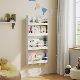 MAHANCRIS Kids Bookshelf, 4-Tier Wall Mount Bookshelf for Kids, Wooden Nursery Bookshelves, Hanging Book Shelf for Kids Room, Playroom, Bedroom, Living Room, White BKBW7601