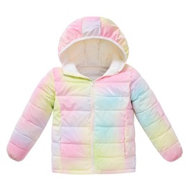 Lovekider Girls Puffer Jacket Size 4-5 Novelty Colorful Warm Shiny Coat with Pocket Waterproof Fashion Down-alternative Outwear Metallic Rainbow Jacket with Package Bag