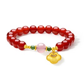 ZHOU LIU FU Agate Bracelet Beaded Stretch Bracelets with Good Lock Charm Silver Natural Gemstone Healing Bracelet Red Agate & Pink Agate Accessory for Women