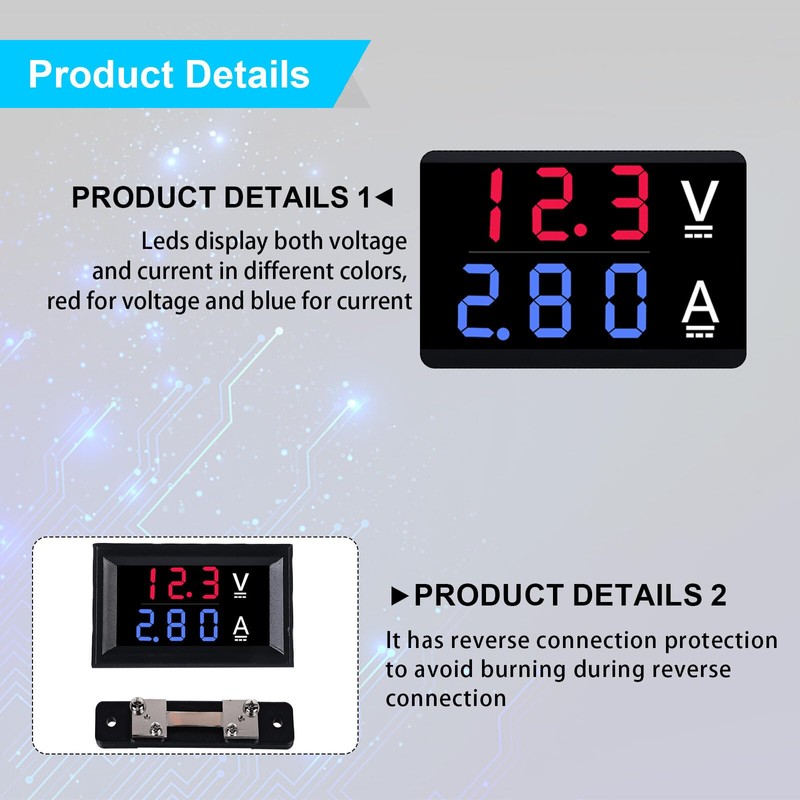 2-Pack 0.28 Inch LED Digital Voltmeter Ammeter: DC 0-100V 50A