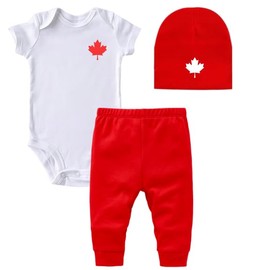 3-Piece Canada Baby Set, Custom Handmade Baby Canada Maple Leaf Bodysuit, Pants and Hat Set L3 (18M, Short Sleeve W/R)