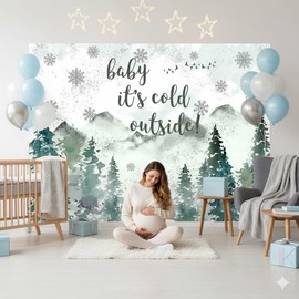 Aperturee Baby It's Cold Outside Backdrop, 7x5ft Winter Wonderland Baby Shower Decorations, Gender Neutral Woodland Snowflake Photography Background, Forest Mountain Party