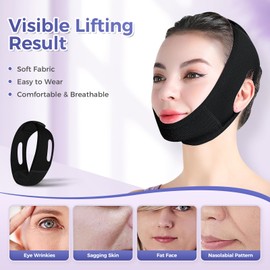 Double Chin Reducer with Gua Sha Facial Tool, Chin Strap with Mouth Tape Functionality, V-Line Lifting Face Lift Slimming Strap, Face Slimmer Shaper for Women with Natural Jade Guasha(Black + Rose Quartz)