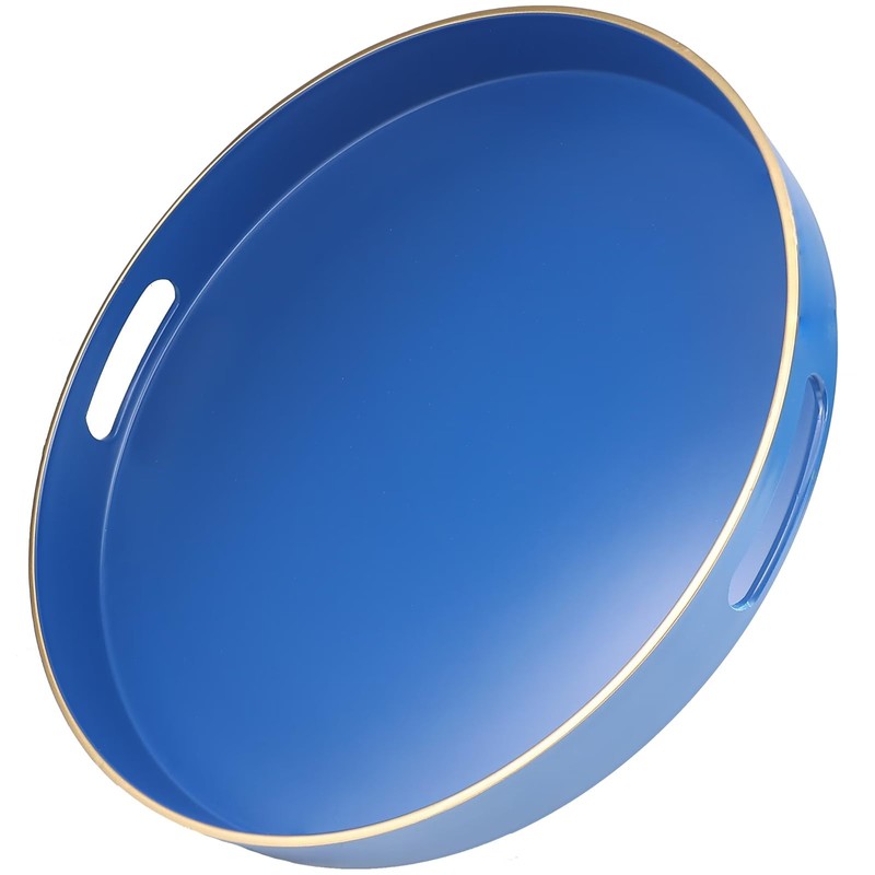 Omuriko Royal Blue Round Decorative Tray with Handles, 13" Versatile