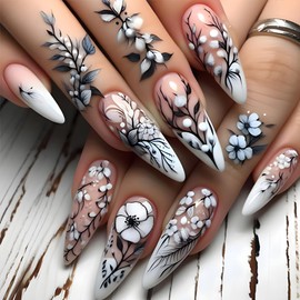 Elegant Black & White Floral Press-On Nails - Long Almond/Stiletto False Nails with Botanical Art, Reusable Fake Nails for Women