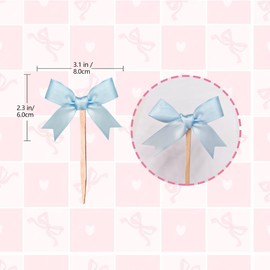 24Pcs Bow Cupcake Toppers Pink Bow Birthday Decorations for Coquette Bridal Baby Shower Wedding Themed Party Decorations Supplies (Blue)