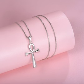 Hioed Egyptian Ankh Cross Pendant Necklace 925 Sterling Silver Coptic Egyptian Men Amulet Protection Necklace CZ Faith Cross Charm Pendant Jewelry Gift for Women Men