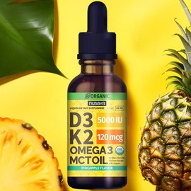 (2-PACK) Organic Vitamin D3K2 Supplement Drops with MCT Oil Omega 3, Liquid Vitamin D3 for Healthcare & Body Defenses - Non-GMO, No Fillers, 2 Fl Oz:_Pineapple