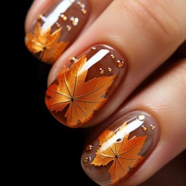 Thanksgiving Press on Square Nails Short Length Glossy Full Cover Acrylic False Nails with Maple Leaf Designs Artificial Square Shaped Fake Nails with Charms Glue ons Fingernails for Women(DZ08)