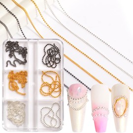 JERCLITY 1 Box 6 Strips Nail Chains for Nail Art Gold Silver Black Alloy Metal Nail Art Chains Gold Nail Charms Punk Nail Studs Silver Caviar Beads Chain Jewelry Accessories for Women Nail Art