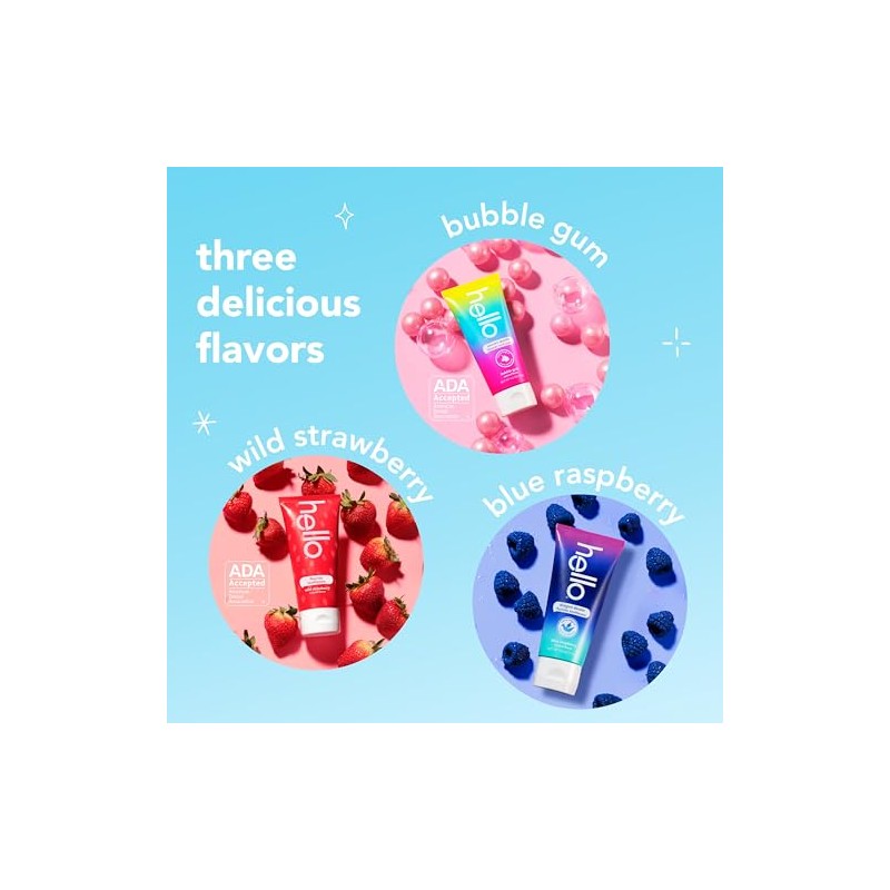 Hello Kids Fluoride Variety Pack, Includes a Strawberry, Unicorn Bubble