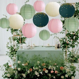 Paper Lanterns Decoration Sage Green and Pink Party Decorations Sage Green and Cream Hanging Paper Lanterns for Bridal Shower Wedding Baby Shower Birthday Party Decoration Pack of 12