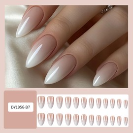 White Gradient Press on Nails Medium with Glossy Designs Almond Fake Nails Sparkly Gray False Nails Full Cover Cute Acrylic Nail Art Tips Summer Artificial Nails for Women Manicure 24 Pcs