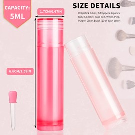 XSHAO 60 Sticks Lipstick Sleeves for Filling Yourself, Lipstick Sleeves Empty with 2 Droppers for Lip Balm, Homemade Balm, DIY Cosmetics, Empty Lipsticks (6 Colours, 5 ml Each)