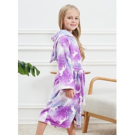 CHETOSHO Soft Unicorn Hooded Robe with Matching Slippers Headband and Blindfold for Girls - Purple 7-9 Years