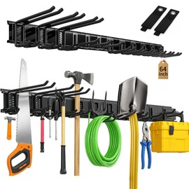 64" Garage Tool Organizer Wall Mount,900 lbs Heavy Duty Garden Tool Storage Rack with Easy Assembly,Large Storage Space,Garage Storage Rack with 12 Longer Thicker Hooks + 2 Straps for Yard,Shed,Garage