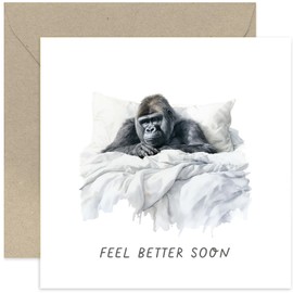 Old English Co. Feel Better Soon Card for Friends and Family - Poorly Gorilla In Bed ' Get Well Soon' Card for Him or Her - Sympathy, Operation, Under Weather Card | Blank Inside with Envelope