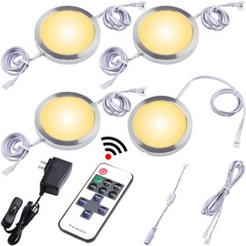 Lvyinyin Round LED Puck Lights of Dia 2.4", Glass Display Cabinet Light Strip, Wireless RF Remote Control Dimmable, 110V Plugged in, Daisy Chain Linkable, White Cords, Warm White 2700K, 4 Lights