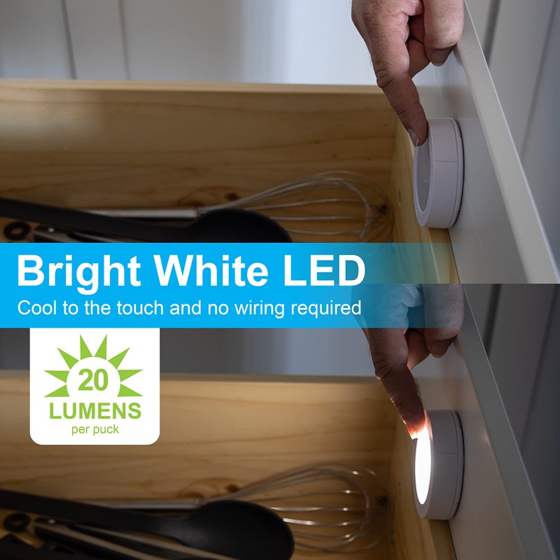 GE Touch Activated LED Puck Lights, 20 Lumens, White, 25434