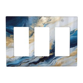 Abstract Blue Granite Luxury Watercolor Marble Texture Print 3 Gang Rocker Light Switch Covers Decorative Unique Triple Outlet Wall Plate Cover Faceplate Decorative Switchplate GFCI for Kitchen