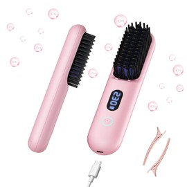 Cordless Hair Straightener Brush - Portable Straightener Brush with 9 Temp Settings, Mini Straightening Comb for Travel, 9600mAh Rechargeable Batt & 224 Million Negative Ions (Pink)