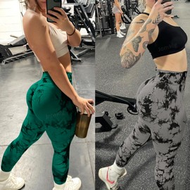 Jomkig 3 Pack Tie Dye Leggings for Women Seamless High Waisted Butt Lifting Workout Yoga Pants Black/Brown/Green S
