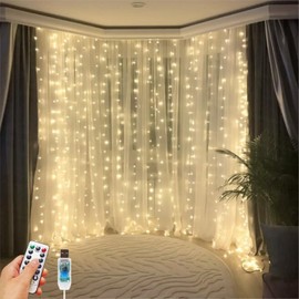 HOLITS 300 LED Fairy Curtain Lights, 9.8 x 9.8FT Warm White USB Plug in 8 Modes String Hanging Lights with Remote for Christmas, Bedroom, Indoor, Outdoor, Weddings, Party (Warm White)