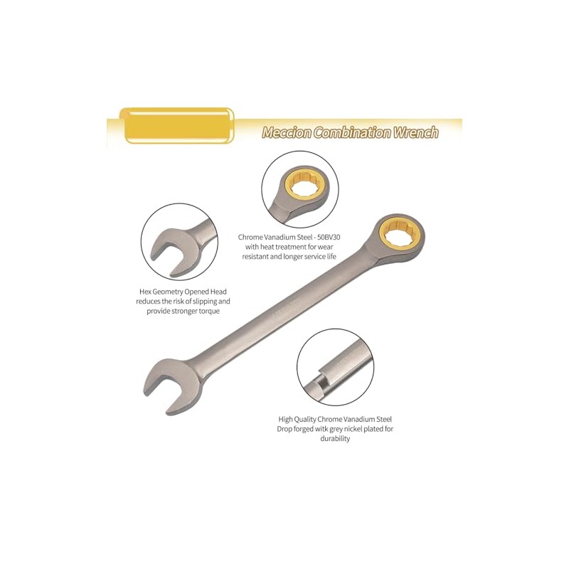 Meccion Combination Wrench 1-1/8 Inch SAE Open End Ratcheting Wrench