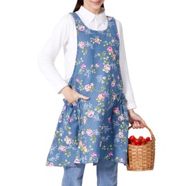OCXXMME Adjustable Easeful Cross Back Aprons for Women Floral Aprons with Pockets Cotton Linen Rose with Blue Background