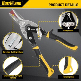 HURRICANE 3 pc Aviation Tin Snips Set, 10 inch Metal Cutter Shears for Cutting Sheet Metal, Cr-V Blades, Straight Left and Right Aviation Snips, with Ergonomical TyreGrip Handle and Safety Latch