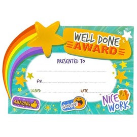 20 x Well Done Award Certificates for Kids – Colourful A5 Reward Cards for School, Nursery or Home – Fun Rainbow & Star Design – Fill-in Blank Certificates for Children – Printed on Sturdy Card