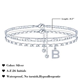 TINGN Anklet for Women, 14K Gold Plated/Silebr CZ Letter Anklets for Women, Anklets Adjustable Double Anklets, Sturdy Figaro Chain Anklet Wife Girls Daughter Girlfriend Gift