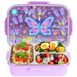 PinkSheep Stainless Steel Bento Lunch Box for Kids, 800ml/27oz BPA-Free Leak-Proof Children Food Containers with 3 Compartments, School Students Daycare Lunches/Snack Container (Butterfly)