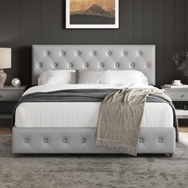 Yaheetech Queen Bed Frame Upholstered Bed Frame with Adjustable Diamond Button-Tufted Headboard/3 Drawers Storage, Queen Platform Bed/Strong Wooden Slats, Light Gray Queen Bed