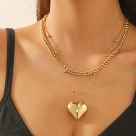 Puffy Heart Necklace Chunky Heart Charm Necklace Layered Gold Necklace Stack for Women Dainty Paperclip Chain Necklace Cuban Chain Jewelry Gifts for Women Girls