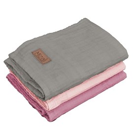 Mizali Premium Muslin Cloth Baby Burp Cloths, 50 x 70 cm, 2-Ply, Cotton, Set of 3, Plain (Rose, Dusky Pink, Grey)