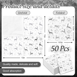 JarThenaAMCS 50Pcs Christmas Paper Napkins Disposable Foil Silver Snowflake Reindeer Luncheon Napkins Dinner Hand Napkins for Xmas Holiday Party Tableware Supplies