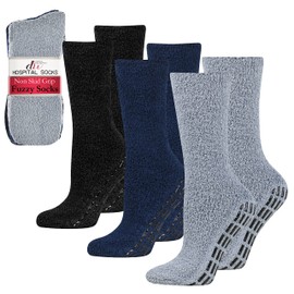 Debra Weitzner Anti-slip Hospital Socks - Fuzzy Plush Gripper Socks for Women & Men, 3 Pairs (Black, Navy, Grey)