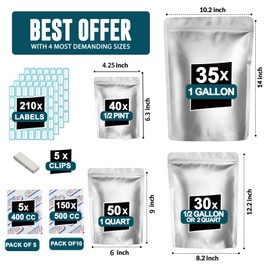 155 Mylar Bags with 155 Oxygen Absorbers-210 Labels & Airtight Smell Proof 4 Sizes Stand-Up Resealable Bags with 5 Clips-11 MIL Thick Large Food Storage Mylar Bags