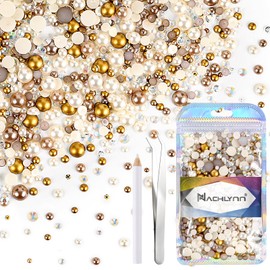 NACHLYNN 60g Mix Pearls and Rhinestones for Crafts Flatback Rhinestones Half Round Pearls Mixed Size 3mm-10mm Flatback Pearls for Crafts DIY Nail Art Shoes Clothes Tumblers Mugs (Champagne Gold)