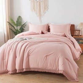Andency Pink Comforter Set Queen Size for Girls, Blush Boho Women Tassel Lightweight Bedding Comforter Sets, 3 Pieces All Season Soft Fluffy Fringe Bed Set (90x90In Comforter & 2 Pillowcases)