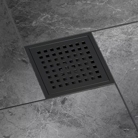 6 Inch Square Shower Drain with Flange - Quadrato Pattern Removable Grate, Matte Black SUS 304 Stainless Steel, Rust-Resistant, Easy to Clean, Anti-Slip