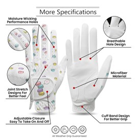 FINGER TEN Womens Golf Golf Gloves Left Hand Right Microfiber Extra Grip Breathable with Macarone Pattern,Ladies Golf Gloves Perfect Swing Fit Size S M L XL (White, X-Small-Worn on Left Hand)