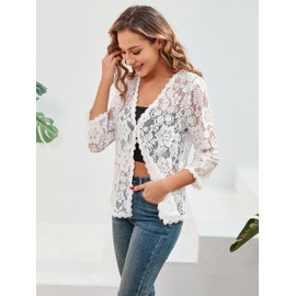 BENANCY Women's 3/4 Sleeve Bolero Shrugs Crochet Lace Open Cardigan White XXL