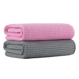 MICROFI New Microfiber Waffle Bath Towels, 2 Pieces, Oversized, Soft, Absorbent, Fast Drying, Lint Free (Gray+Pink)