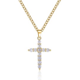 IHOKIT Cross Necklace For Women Yellow Gold Plated Cubic Zirconia Simulated Diamond Cross Pendant Jewelry Gift for Women, 24" Silver Chain Nice Gifts Jewelry Box
