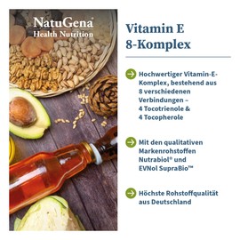 NatuGena Vitamin E 8-Komplex, 4 Tocotrienole, 4 Tocopherole, 8 Vitamin E-Verbinungnen, Nutrabiol T70, EVNol SupraBio, 60 Kapseln (60 Tage Packung)