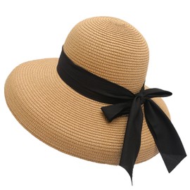 Wide Brim Straw Hat for Women Fedora Summer Sun Visor Hat Floppy Foldable Roll up Beach Sun Hat UV Sun Protection Travel Outdoor Straw Hat Fashion Bowknot Trilby Bowler Hat for Seaside Holiday Party